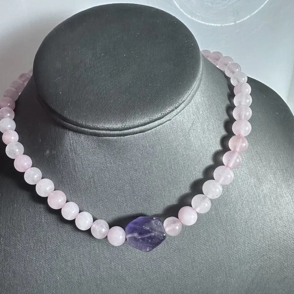 Genuine Amethyst Rose Quartz Necklace Choker Gift Natural Bohemian Hippie Purple - Picture 3 of 11